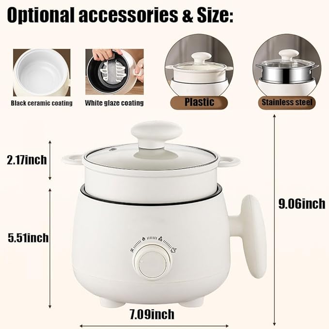 Portable Multifunctional Non-stick Electric Pot, Mini Portable Electric Hot Pot with Steamer, 3 Heat Settings, 2L Non-stick Noodle Cooker for Steaming Boiling Stir-Frying (Without Steamer)