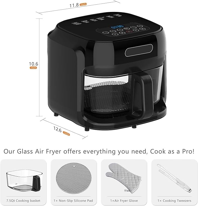 Glass Air Fryer, 7.8QT with Transparent Fry Bowl, Circulating Heating, Temperature Control, Air Fryer Roast, Dishwasher Safe (Black)