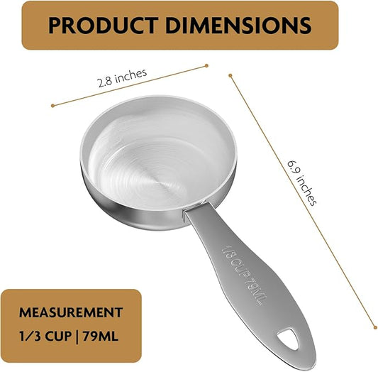 2PCS 1/3Cup(79ml) Stainless Steel Measuring Cup, Heavy-duty Single Metal Scoop for Wet and Dry Ingredients, Great Kitchen Gadgets for Cooking