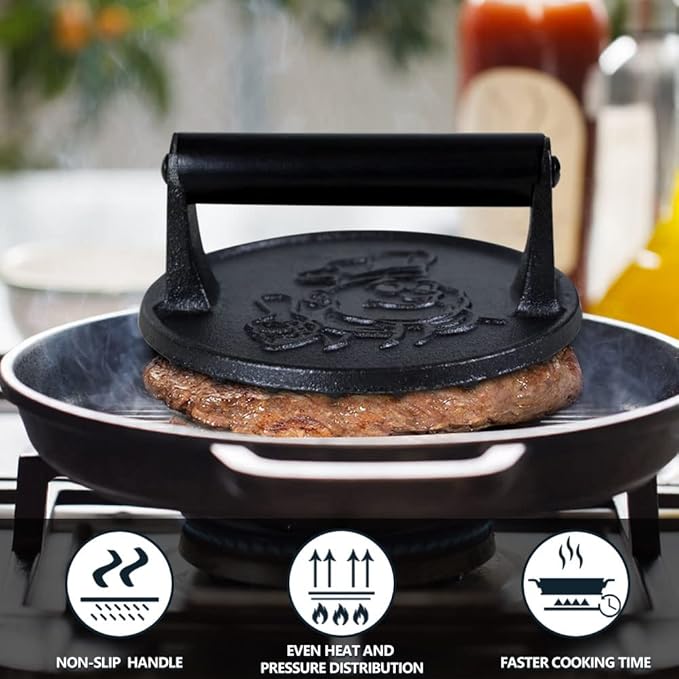 Heavy Duty Cast Iron Smash Burger Press Kit, 7" Hamburger Smasher with Non-Slip Handles, Bacon Meat Weight Press for Steak, Smashburger, Grill and BBQs