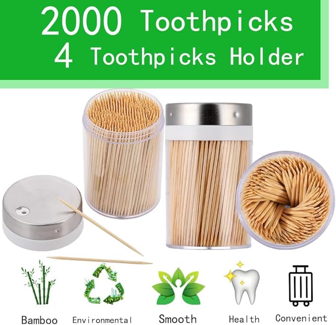 Toothpick Holder, 2000 Count Bamboo Toothpicks with 4 Reusable Toothpick Dispenser, Sturdy Smooth Health Toothpicks for Party, Bar, Olive, Barbecue, Fruit and Teeth Cleaning