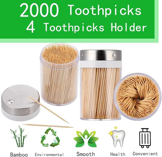 Toothpick Holder, 2000 Count Bamboo Toothpicks with 4 Reusable Toothpick Dispenser, Sturdy Smooth Health Toothpicks for Party, Bar, Olive, Barbecue, Fruit and Teeth Cleaning