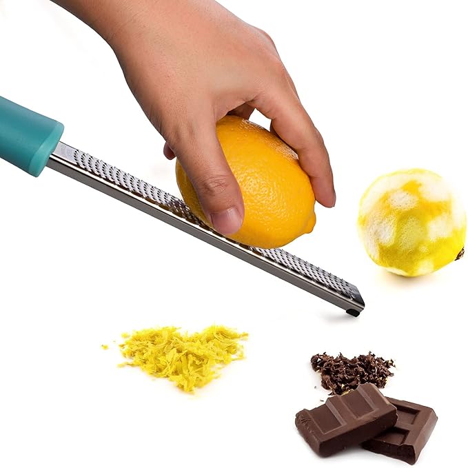 8-Inch Lemon Zester & Cheese Grater 18/8 Stainless Steel Citrus Zester for Lemon, Lime, Parmesan, Garlic & Ginger 8’’ Long Razor Sharp Blade, Ergonomic Non‑Slip Handle with Protective Cover, Blue