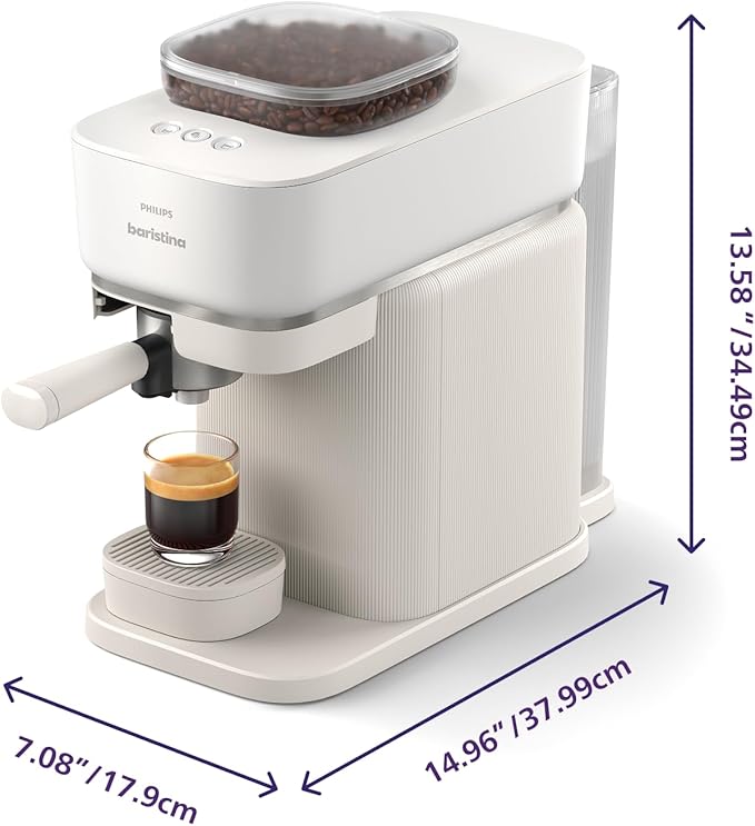Philips Baristina Espresso Machine - Real espresso, made simple. Compact coffee machine, natural white with white portafilter, 16 bar pump pressure, automatic grinder, Cafe Crema (BAR300/00)