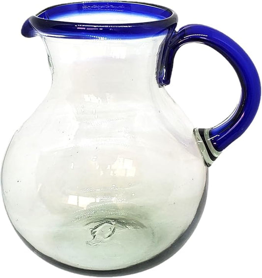 Cobalt Blue Rim 120 oz Pitcher and 6 Drinking Glasses set, Recycled Glass, Lead-free, Toxin-Free (Pitcher & Glasses)