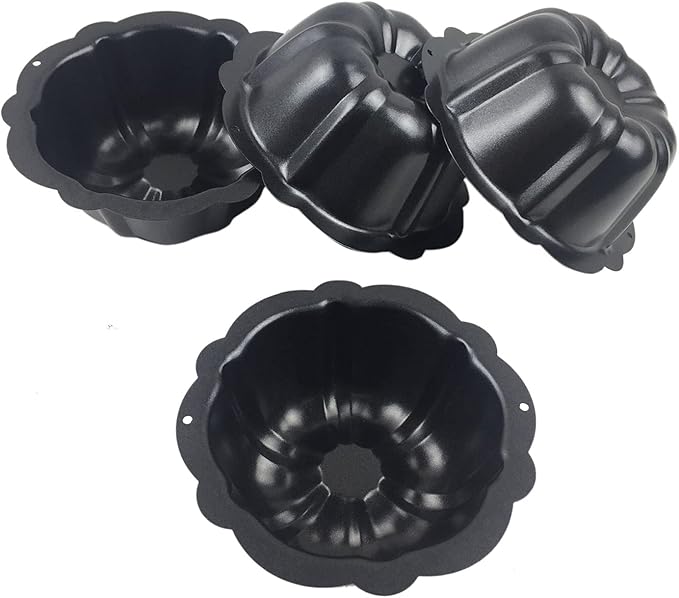 LoveDeal 4 Inch Fluted Tube Cake Pan, Nonstick Mini Kugelhopf Mold, Carbon Steel Fluted Baking Cake Pans, Metal Round Pumpkin Shaped Mould for Muffin, Brownie, Pudding - Black, Set of 4