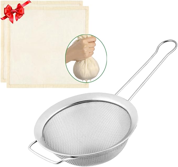 Fine Mesh Strainer with Sturdy Handle, 5.43 Inch Stainless Steel Strainers, Bonus 20x20 Inch Reusable Cotton Cheese Cloths with 4 Hemmed Edges, Sieve Sifter for Straining, Cooking, Baking