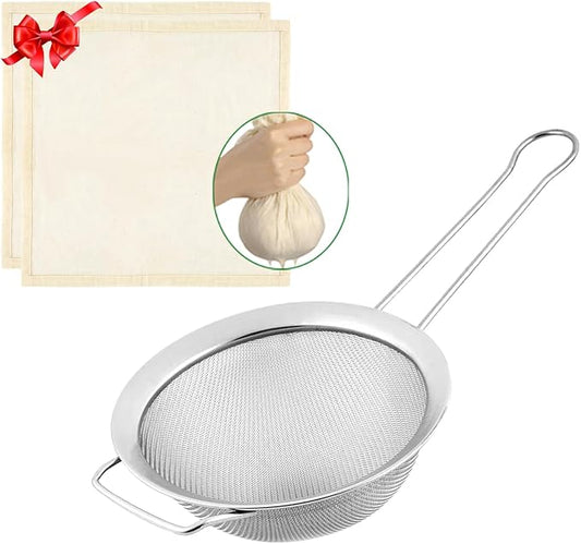 Fine Mesh Strainer with Sturdy Handle, 5.43 Inch Stainless Steel Strainers, Bonus 20x20 Inch Reusable Cotton Cheese Cloths with 4 Hemmed Edges, Sieve Sifter for Straining, Cooking, Baking