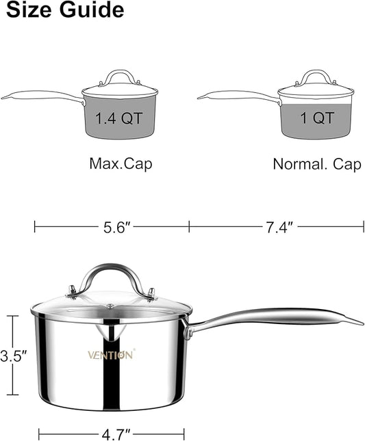 VENTION Tri-Ply Stainless Steel 1 Quart Saucepan with Lid, Bright Small Sauce Pan with Pour Spout, Small Pots for Cooking