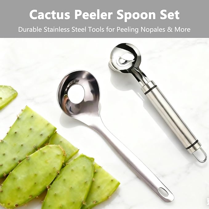 2 Pcs Cactus Peeler Tool Stainless Steel Cuchara para Pelar Nopales with Holes Cuchillo Spoons Durable Kitchen Spoon with Stainless Steel Blades for Cooking and Food Prep