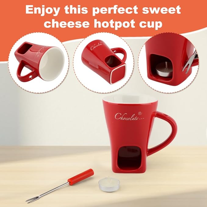 Chocolate Fondue Mugs, Chocolate Melting Cup Set with Forks Candle Warmer, Mini Ceramic Coffee Warmer Mug, Fondue Cups With Forks For Date Night Birthday Wedding Gifts (red)