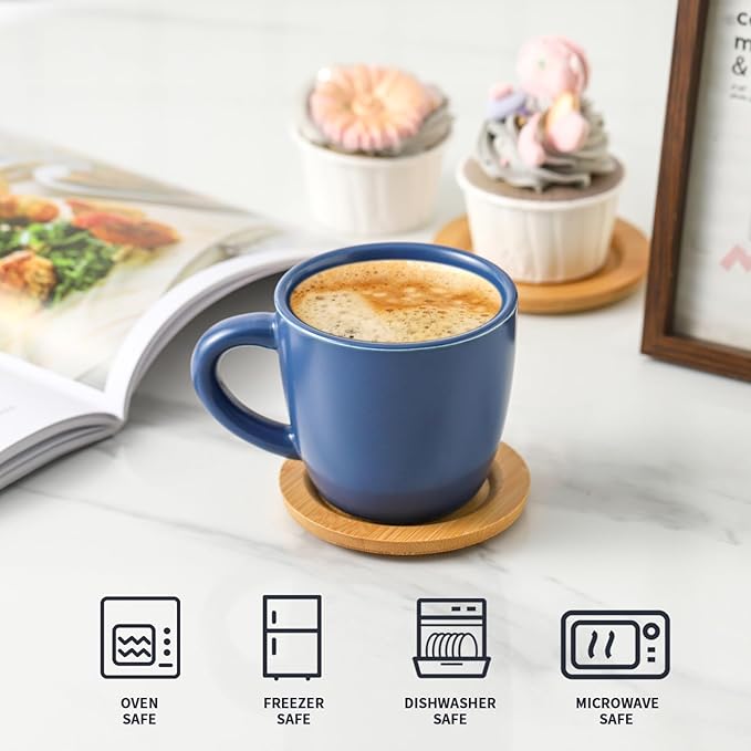 HASENSE 8 OZ Cappuccino Cups with Saucers, Ceramic Espresso Cups Set of 6, Coffee Cup with Handle for Double Shot, Latte, Mocha, Espresso Cups for Home and Office,Blue