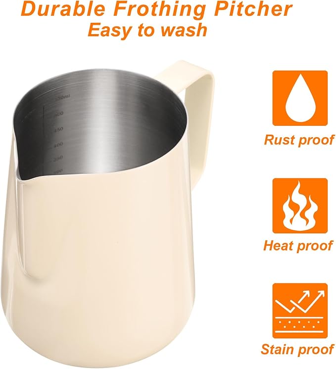 uxcell Milk Frothing Pitcher, 21oz / 600ml Stainless Steel Milk Frother Cup with Scale for Milk Steaming Pitcher Latte Art Cappuccino Coffee Espresso Accessories Tool, Beige