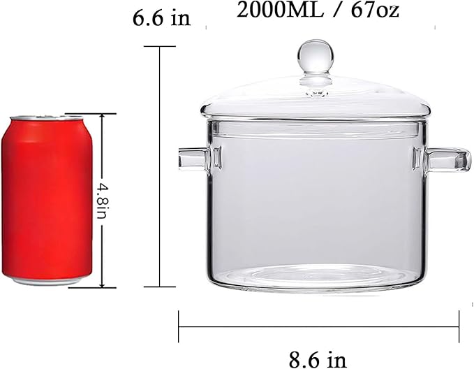 2L Clear Simmer Potpourri Pot with Lid 67OZ Glass Saucepan with Cover Glass Pots Set for Cooking On Stove Handmade Glass Cookware Set Cooktop Safe for Milk,Pasta Noodle, Soup