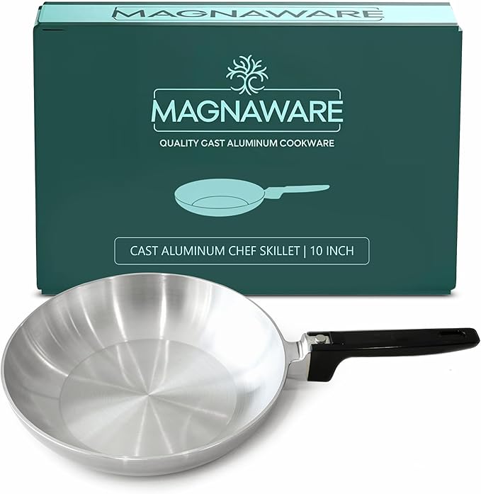 MAGNAWARE Chef Skillet – Quick & Even Heat Distribution – Lightweight Cast Aluminum Frying Pan – No Seasoning Required – PFOA & PTFE Free – Oven Safe Up to 350°F – Classic Vintage Design (10 Inch)