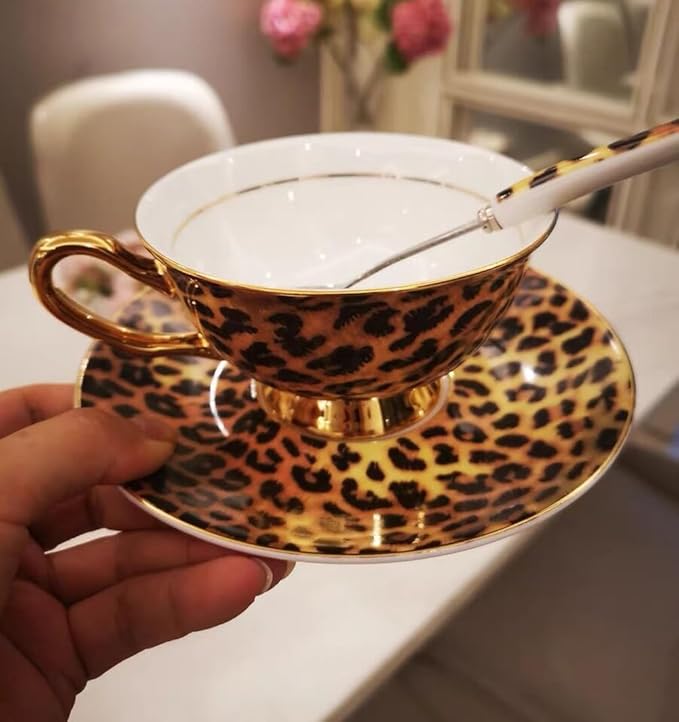 YBK Tech Euro Style Bone China Cup& Saucer Set, Ceramic Tea Coffee Cup for Home Kitchen Wedding (Leopard Pattern)