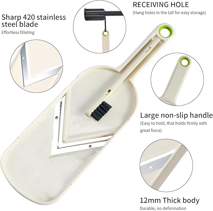 Multi Handheld Mandoline Slicer - Stainless Steel V Blade, with Cleaning Brush, Comfort Grip, Easy to Clean, for Kitchen, Vegetable Chopper, Fruit, Cheese Grater, Potato Chips Slicer (White)