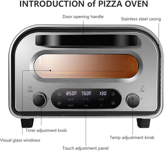 QERPRE Electric Pizza Oven Indoor 1700W Countertop Pizza Maker Fast Heating up to 850°F Touchscreen 6 Preset Modes Adjustable Timer & Temp Knobs Used for Commercial & Home Kitchen in Silver