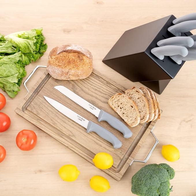 Restaurantware Comfy Grip 8 Inch Bread Knife 1 Sharp Serrated Knife - Ergonomic Handle Non-Slip Grip Gray Stainless Steel Bread Cutting Knife Dishwashable Slice All Types Of Bread