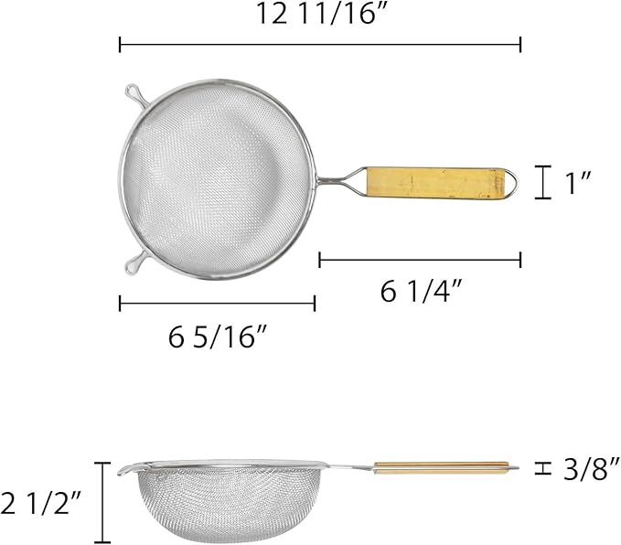 TrueCraftware- 6-Inch Single Fine Mesh Strainer Stainless Steel 6-1/2" Handle Length Wooden Handle- Kitchen Utensil Food Strainer Skimmer Spoon for Cooking Sieve Sifters Rice Pasta Fruits Vegetable