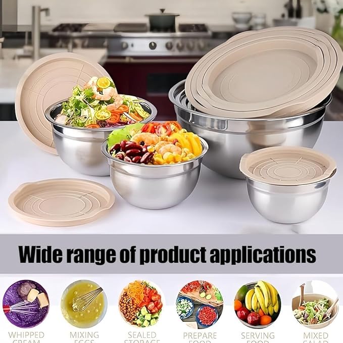 Thsinde Stainless Steel Mixing Bowls with Lids, 6-Piece Set (7 to 1-QT) Non-Slip Colorful Bottoms for Mixing, Serving & Food Prep