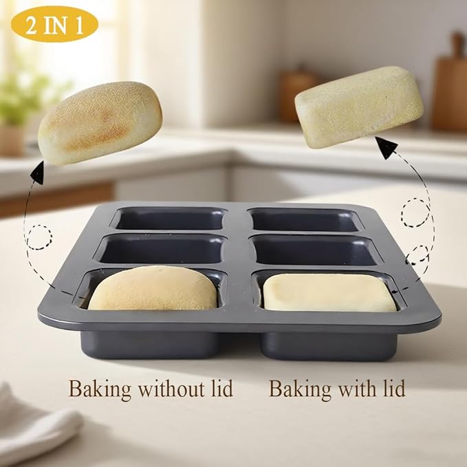 Elesinsoz 6 Cup Square English Muffin Pan with Lid Straight Side Hamburger Burger Bun Egg Sandwich Frittata Cinnamon Roll Focaccia Quiche Pancake Nonstick Baking Tin Tray Mold