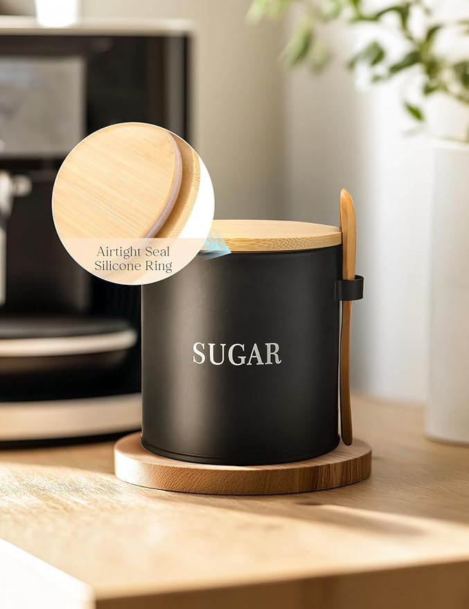 AISBUGUR Sugar Bowl with Lid and Spoon: 17oz Metal Sugar Container - Airtight Food Sugar Jar - Coffee Bar Accessories - Countertop Kitchen Decor (Black)
