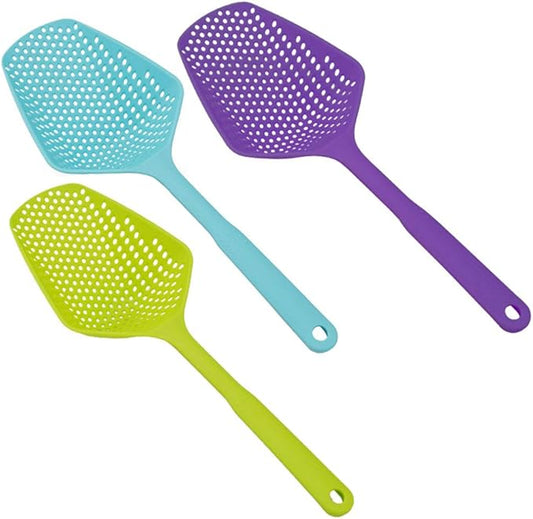 3-Pack Food Scoop Colander Strainer Slotted Spoon with Handle, Plastic Heat-Resistant Large Slotted Strainer and Skimmer for Pasta, Vegetables, Salad (3 Colors)