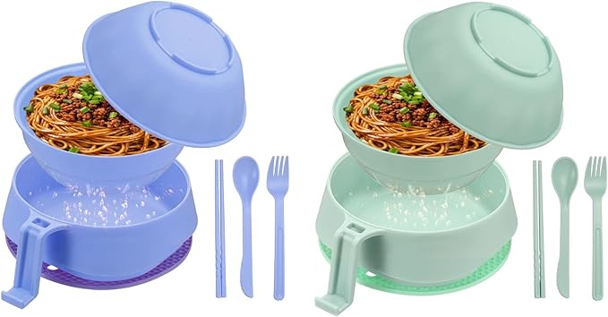 uxcell 2 Sets Microwave Ramen Bowl Set, Wheat Fiber Noodle Bowls Plastic Cooker with Lid Handle Fork Spoon Chopsticks for College Dorm Room Apartment, (Purple/Green)
