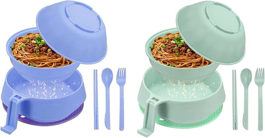 uxcell 2 Sets Microwave Ramen Bowl Set, Wheat Fiber Noodle Bowls Plastic Cooker with Lid Handle Fork Spoon Chopsticks for College Dorm Room Apartment, (Purple/Green)