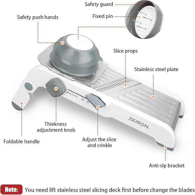Large Mandoline Slicer for Kitchen - Professional Stainless Steel Onion Slicer & Cabbage Shredder, Integrated 2-in-1 Blade for Waffle & Smooth Cuts, Safety Hand Guard Included (Gray)