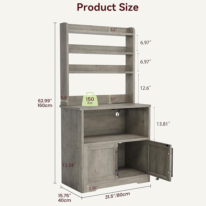 IDEALHOUSE Bakers Rack With Storage Cabinet, Microwave Stand With Power Outlets, Farmhouse pantry cabine With Thick Table Top, Small Kitchen Pantry Hutch Bakers Rack for Kitchen,Dining Room,Retro Gray