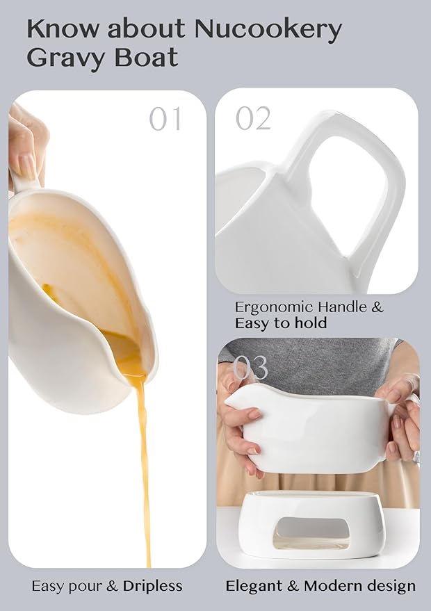 Nucookery Large 20 Oz Gravy Boat with Warmer, White Fine Porcelain Saucier with Big Dripless Lip Spout, Gravy Bowl for Thanksgiving, Warming Sauces, Salad Dressings, Microwave & Freezer Safe(Set of 2)