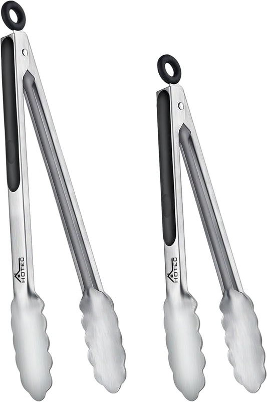 Hotec Stainless Steel Kitchen Tongs, Set of 2-9" and 12", Locking Metal Food Tongs for Cooking, Serving, BBQ, Grill Non-Slip Grip