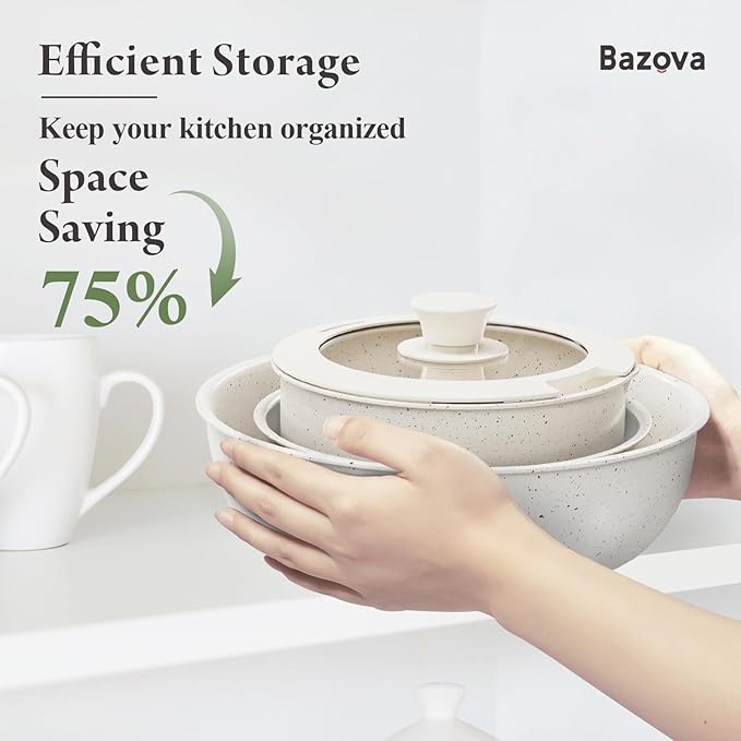 11 Pcs Pots and Pans Set Non Stick with Removable Handles,Ceramic Cookware Set Non Toxic,Induction Kitchen Cooking Sets,Nonstick RV Cookware,Dishwasher/Oven Safe,PFAS/PTFE/PFOA Free,Cream White