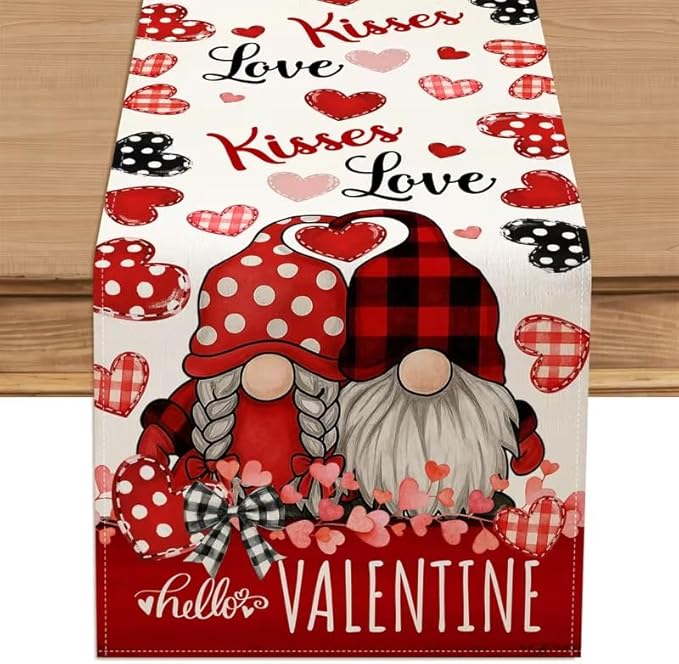 Valentine Red Buffalo Plaid Gnomes Heart Table Runner 13x108 Inch ,line Love Kitchen Dinning Table Decoration for Party Home