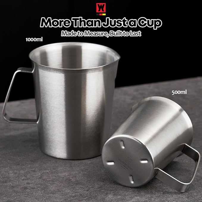 18/8 Stainless Steel Measuring Cup: Metal Measuring Pitcher with Engraved Oz & ml Markings, Precision Pour Spout & Sturdy Handle – Baking, Coffee & Barista Use (500ml / 16.9Oz)
