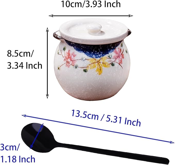 Japanese Red Flower Ceramic Sugar Jar & Spice Container with Lid & Stainless Steel Spoon Set – Kitchen Storage, Elegant Floral Design, Sustainable Gift (Zen-Inspired Tableware)