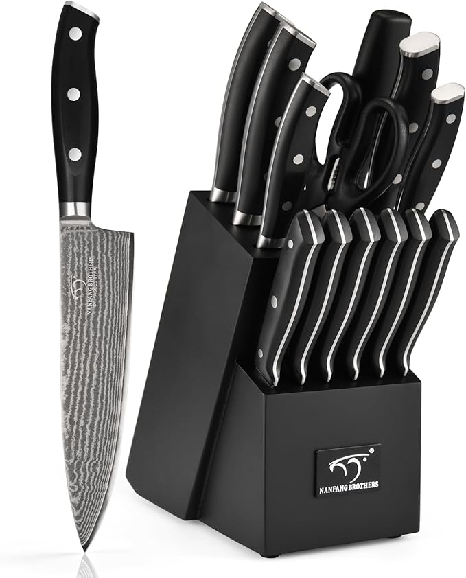 NANFANG BROTHERS Damascus Kitchen Knife Set 14 Pieces with Shears & Sharpener - VG10 High Carbon Steel, ABS Ergonomic Handle, Wooden Block Storage Black