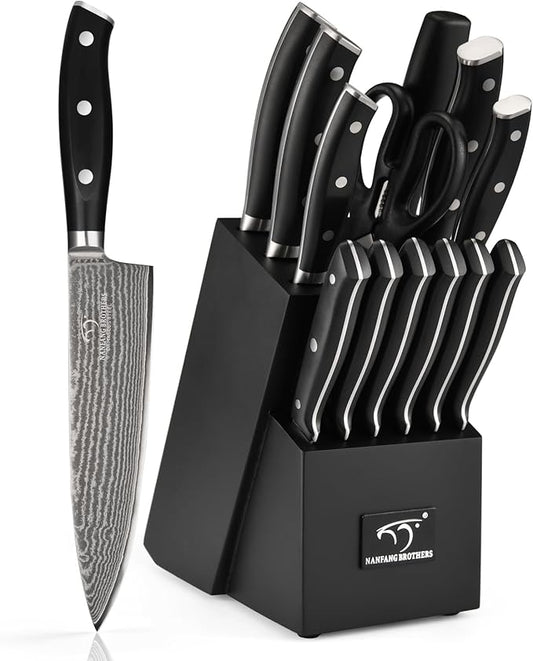 NANFANG BROTHERS Damascus Kitchen Knife Set 14 Pieces with Shears & Sharpener - VG10 High Carbon Steel, ABS Ergonomic Handle, Wooden Block Storage Black