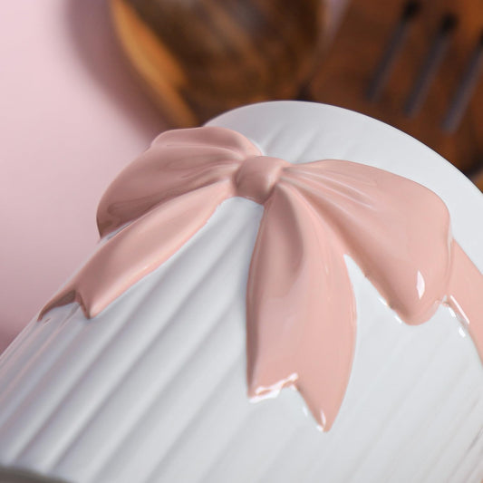 SOCOSY White Ceramic with Pink Bow-knot Kitchen Utensil Holder For Countertop, Large Cooking Utensil Crock Holder Spatula Holder