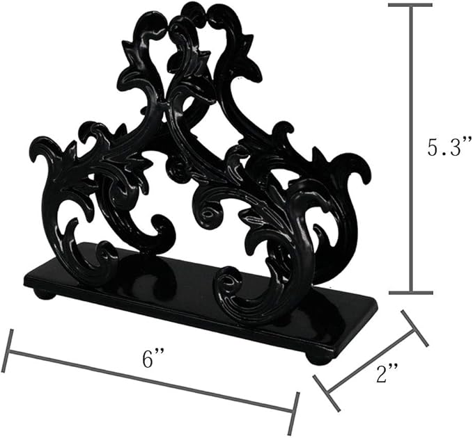 Owlgift Baroque Black Napkin Holder – Decorative Metal Tissue Rack for Tabletop, Mail, or Bill Organizer – 6 x 2 x 5.3 Inches, Glossy Finish for Home or Restaurant Use