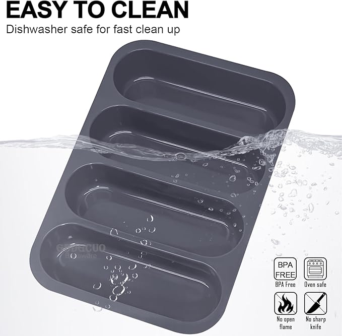 GDDGCUO Silicone Hotdog Bun Pan, 6 Inch Standard Hot dog Bun Mold, 4 Cup Non-stick Homemade Hotdog Bun Baking Pans, Mini Baguette Pans, Dishwasher Safe, 2 Pcs (Grey)
