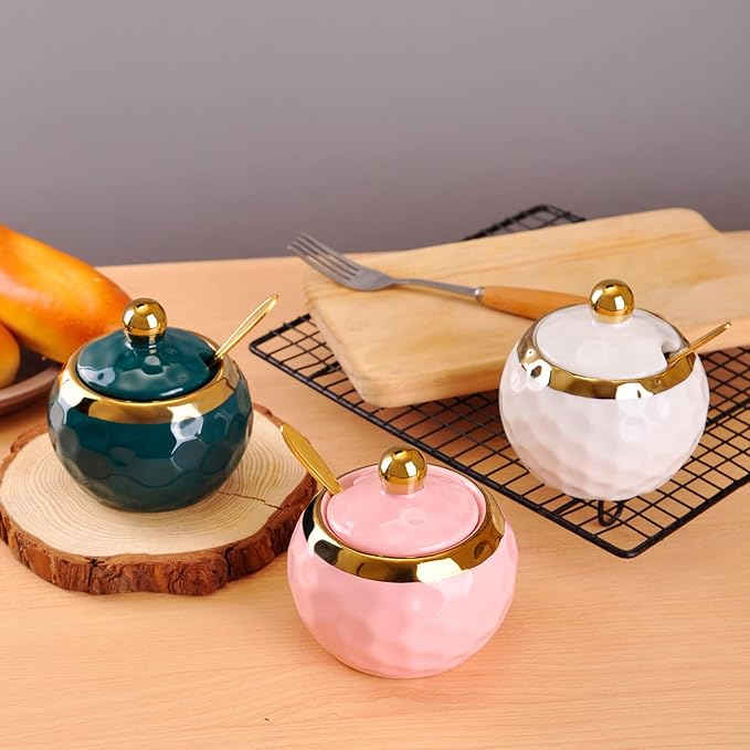 WHJY Ceramic Sugar Bowl with Lid and Spoon, Golf Design Porcelain Salt Bowl Salt Container, Modern Spice Box Seasoning Jar for Home and Kitchen Coffee Bar - Green