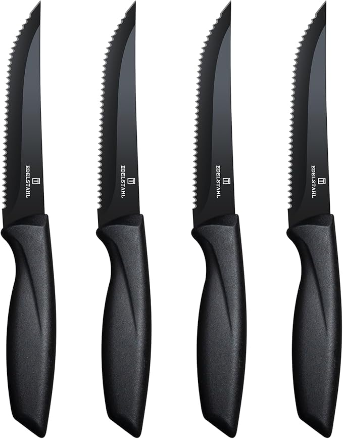 Steak Knives Set of 4, Premium Steak Knife,Stainless Steel Steak Knives Set,Sharp Serrated Steak Knife,Ergonomic Black Handle Steak Knifes,Durable Kitchen Steak Knifes,Dishwasher Safe