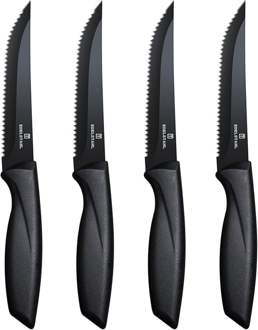 Steak Knives Set of 4, Premium Steak Knife,Stainless Steel Steak Knives Set,Sharp Serrated Steak Knife,Ergonomic Black Handle Steak Knifes,Durable Kitchen Steak Knifes,Dishwasher Safe