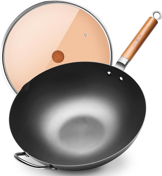 WANGYUANJI Carbon Steel Wok 14.2", Large Nitriding Flat Bottom Stir Fry Pan with Lid, No Chemical Coating Rust Resistant Iron Skillet for Induction Electric Gas Stoves, Big Capacity Serves 6+