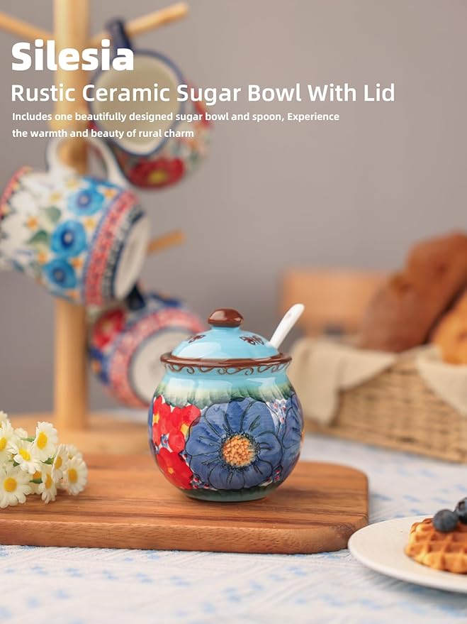 silesia Handmade Sugar Bowl with Lid and Spoon, 8 oz Hand-Painted Ceramic Sugar Jar, Floral Design Seasoning Container for sugar, honey, or spices, Dishwasher Safe (Glazed Blue)
