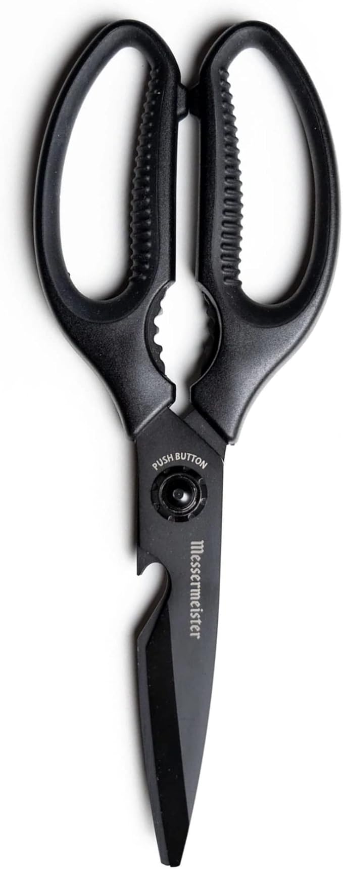 Messermeister 9-Inch Push Button Take-Apart Shears - High-Carbon Stainless Steel & Soft-Grip Handles - Includes Nut Cracker & Bottle Opener