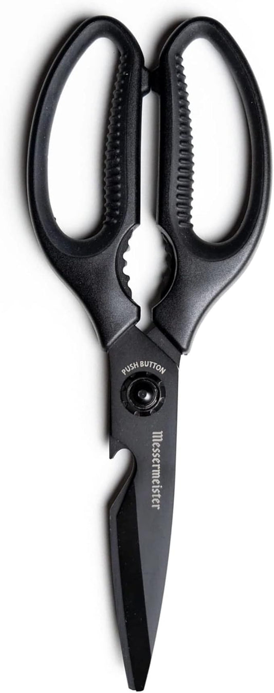 Messermeister 9-Inch Push Button Take-Apart Shears - High-Carbon Stainless Steel & Soft-Grip Handles - Includes Nut Cracker & Bottle Opener